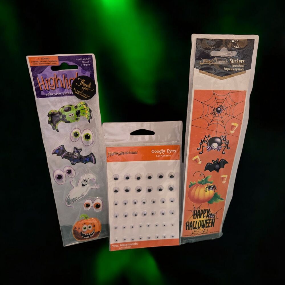 Vintage NEW Puffy Embellished Amscan + Googly Eyes Web Night Halloween Stickers